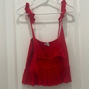 Red front tie top- ruffled tank straps- LIKE NEW